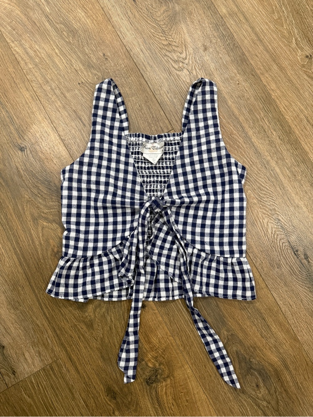 Rare Editions Blue and White Gingham Tie-Front Crop Top